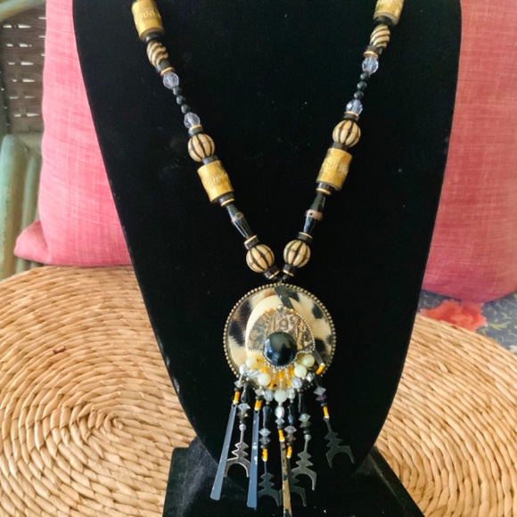 HANDMADE VINTAGE PENDANT STATEMENT NECKLACE Onyx/LEOPARD STONE VINTAGE BRASS - Picture 8 of 11